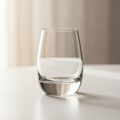 Elegant digestif glass isolated on a smooth white surface, softly lit with warm tones, showcasing its sleek design and curved silhouette, against a blurred background