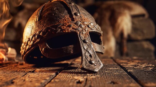 Viking helmet on a wooden table with flames in the background.