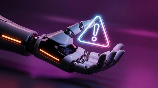 A robotic hand holds a glowing warning sign with an exclamation mark in a futuristic purple environment.