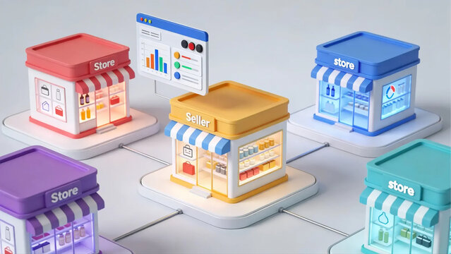 Multi Vendor Marketplace Platform Concept with Ecommerce Seller Network 3D Render Illustration