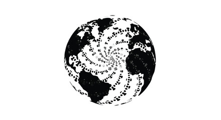 Obraz premium Earth globe composed of swirling text characters isolated on a white background serves as a dynamic visual element for global communication projects and international business website banners.