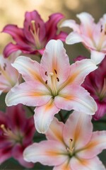 Fototapeta premium Pink lilies bloom softly, petals delicate, stamens vibrant against blurred floral background.