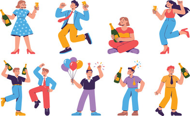 Happy People Celebrating New Year Party &ndash; Diverse Cartoon Characters Vector Set