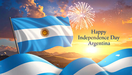 Happy Argentina Independence Day with Flag and Fireworks Sunset