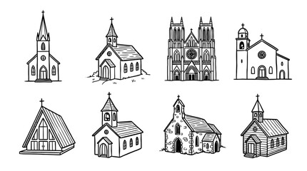 Fototapeta premium church, bold style black Hand drawn set collection , white background , vector isolate