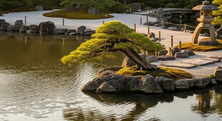 Tranquil japanese garden scene water trees and stone elements