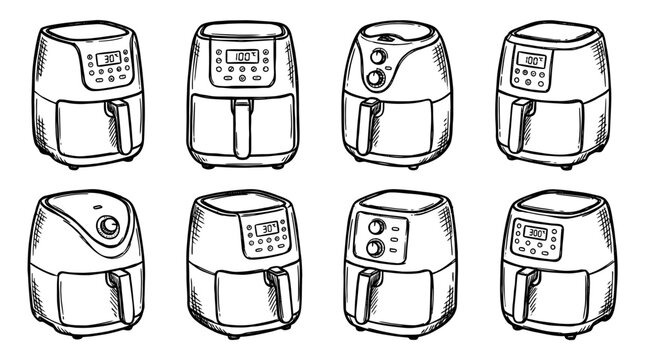 digital air fryer, bold style black Hand drawn set collection , white background , vector isolate