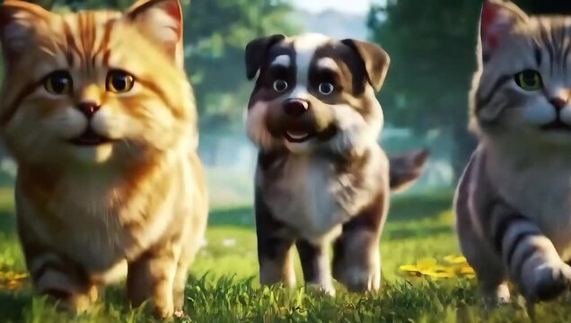 A group of adorable kittens running together in a lush green field on a sunny day in this joyful video.