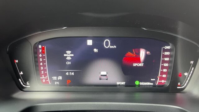 Digital Car Instrument Cluster Displaying Fuel Economy and Sport Mode