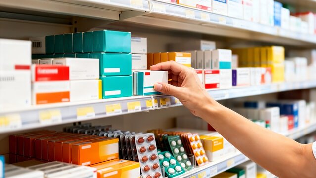 Hand selecting medication from a pharmacy shelf