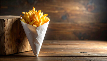 Golden French fries are served in a white paper cone on a wooden table indoors.