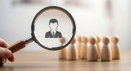 Fototapeta premium A magnifying glass is held over a group of people to represent searching for the right candidate