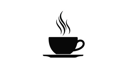 Obraz premium Steaming hot cup of coffee on a saucer, simple black and white graphic.