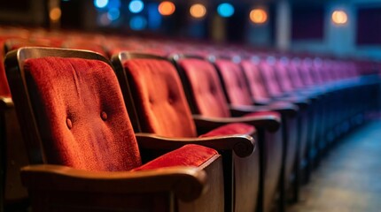 vintage red velvet theater seats with bokeh bright lighting