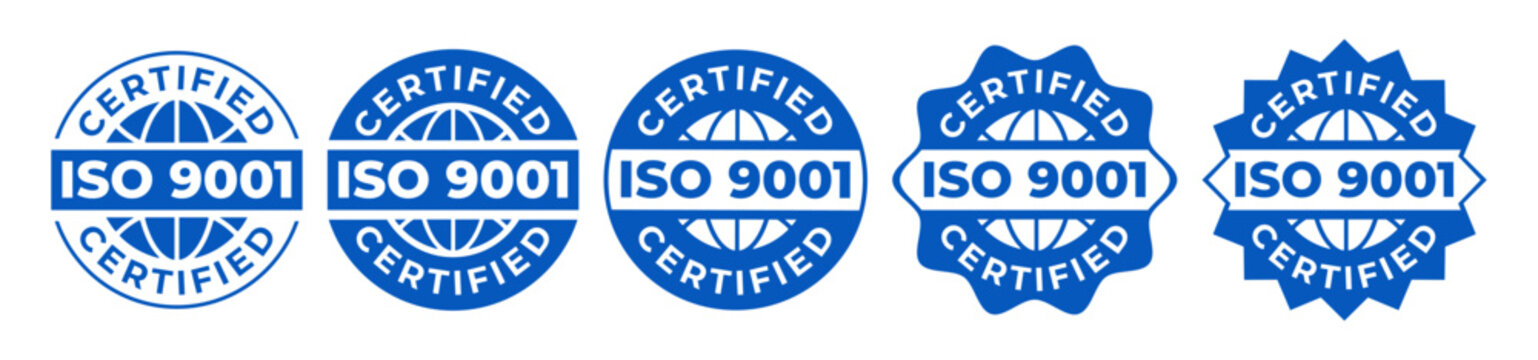 ISO 9001 Certified Blue Badges &ndash; Quality Management System Approval Icons Set