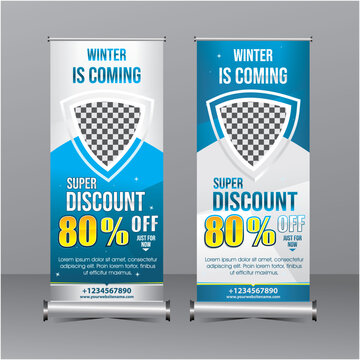 blue and white modern geometry standing banner template super special offer sale discount