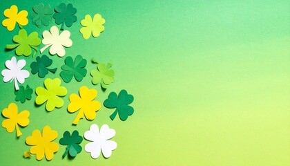 Paper shamrocks scattered on green gradient background