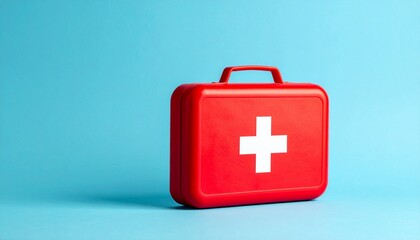 Red first aid kit with white cross on blue background
