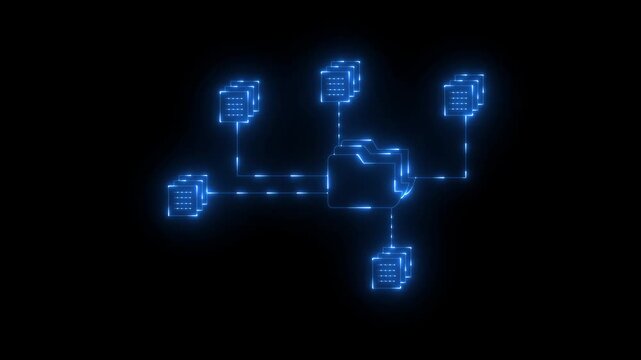 neon document management system icon connecting multiple files and folders. folder and document icons connected. diagram illustrating a central folder connected icon to multiple stacks of documents.