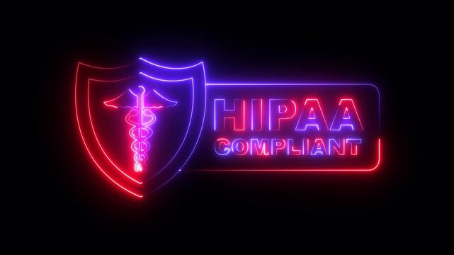 glowing neon HIPAA compliant symbol icon for healthcare privacy and security. HIPAA compliant icon animation. HIPAA compliant seal, badge icon with caduceus symbol. HIPAA compliant Checkmark 4k video.