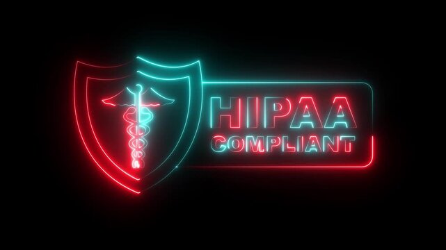 glowing neon HIPAA compliant symbol icon for healthcare privacy and security. HIPAA compliant icon animation. HIPAA compliant seal, badge icon with caduceus symbol. HIPAA compliant Checkmark 4k video.