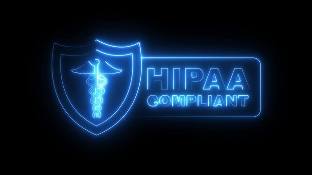 glowing neon HIPAA compliant symbol icon for healthcare privacy and security. HIPAA compliant icon animation. HIPAA compliant seal, badge icon with caduceus symbol. HIPAA compliant Checkmark 4k video.