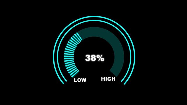 Glowing digital gauges move from high overload to safe low levels, presentation template, moving colorful  indicator, warning message, risk assessment icon from 100 to 0. tension indicator icon.