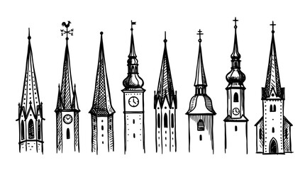 Fototapeta premium spire, bold style black Hand drawn set collection , white background , vector isolate