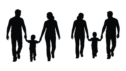 Silhouette of a diverse family of four walking together in a park isolated on white background, Vector
