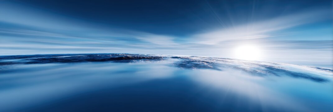 Blue light cresting Earth horizon from space Sunrise over Earth horizon from space with blue atmosphere and sun rays panorama background