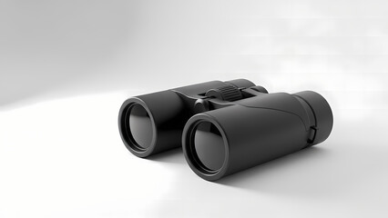 Fototapeta premium A pair of black binoculars on a white surface, viewed from a high angle