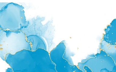 Blue Alcohol Ink Abstract Background with Gold Glitter Veins