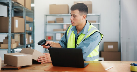 Businessman, laptop and box with scanner for logistics, price check or RFID tracking in warehouse....