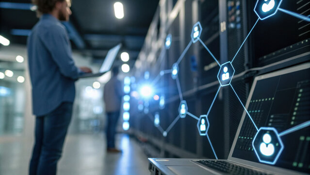 A person working on a laptop in a data center, with digital network icons representing user connections over server racks.