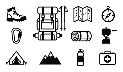Hiking and camping gear outdoor adventure activity trip line icons backpack compass map tent and boot © GoDesigner