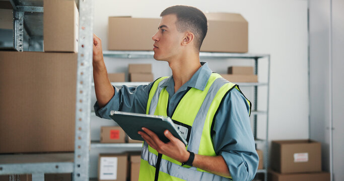 Inspection, box or man with tablet in warehouse, dispatch process or inventory management for startup. Tech, dropshipping or worker reading parcel label for freight info, supply chain or check stock