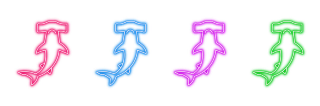 Neon glowing hammerhead shark vector icons set, marine, ocean, predator, vibrant glow, colorful outline, digital illustration.