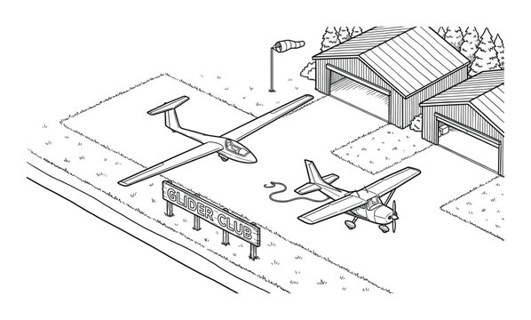 Isometric glider club vector design with aircrafts and buildings in flat linear style art