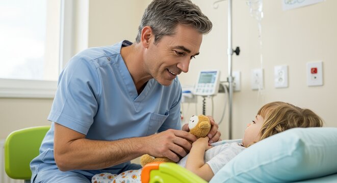Nurse comforting child in hospital room with a teddy bear