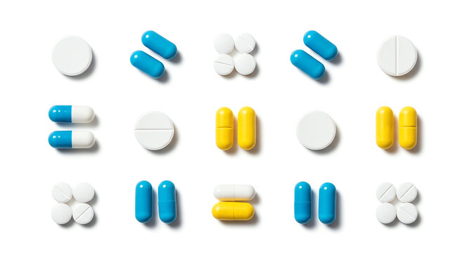 Assorted pills and tablets in various shapes and colors on a white background.