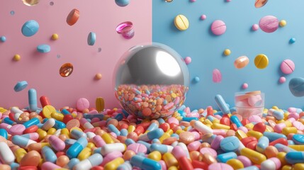 A whimsical scene of a giant candy floating amidst a colorful candy landscape