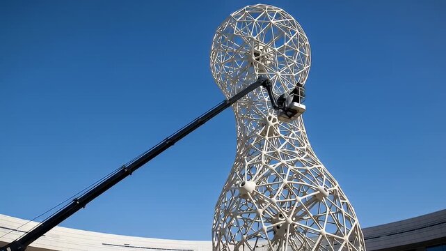 A towering abstract sculpture being cleaned by a cherry picker under a clear blue sky