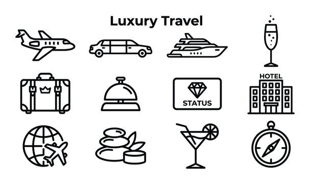 Luxury travel concept and comfortable journey vector icon set for premium tourism vacation