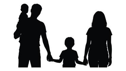 A silhouette of a family of four holding hands together in a park. isolated on white background, Vector