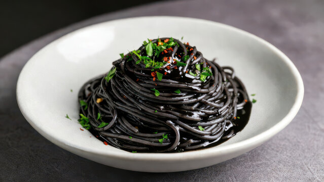 Close-up black squid ink spaghetti topped with herbs in white bowl.