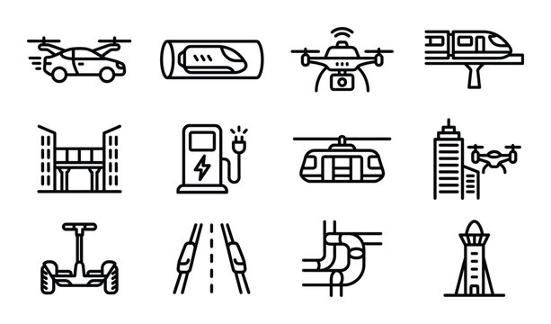 Modern transport future city mobility vehicle thin line icons drone monorail electric car and segway
