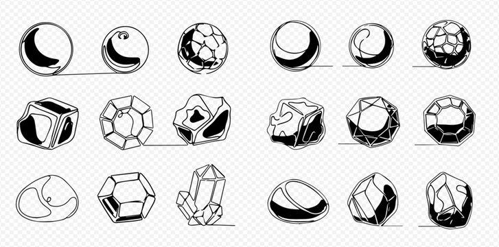 Set of continuous line drawing of various gemstones, minerals, and crystals in doodle style.