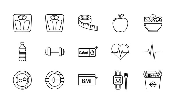 Diet and Healthy Lifestyle Outline Icon Set Vector Pack for Weight Loss, Fitness, and Nutrition Apps