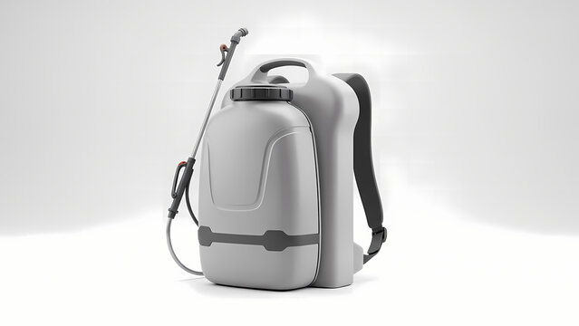 A sleek gray portable water sprayer backpack with black straps stands alone in a bright white room