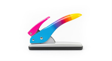 Colorful paper craft punch with a vibrant gradient handle isolated on white background, showcasing a sleek and modern design